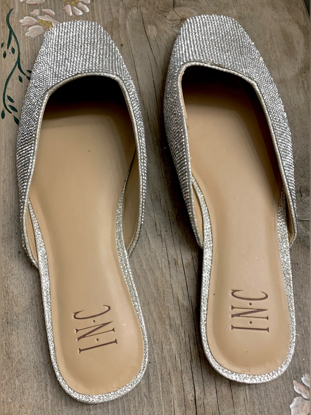 INC International Concepts Silver Rhinestone Slip-On Mules - Picture 2 of 13